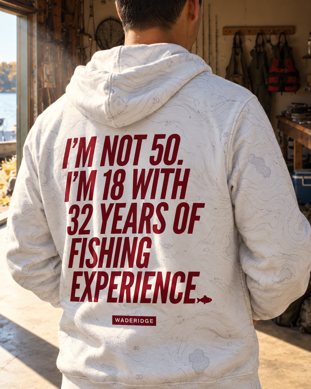 I'm Not 50 I'm 18 With 32 Years Of Fishing Experience All-Over Print Hoodie — model back angle