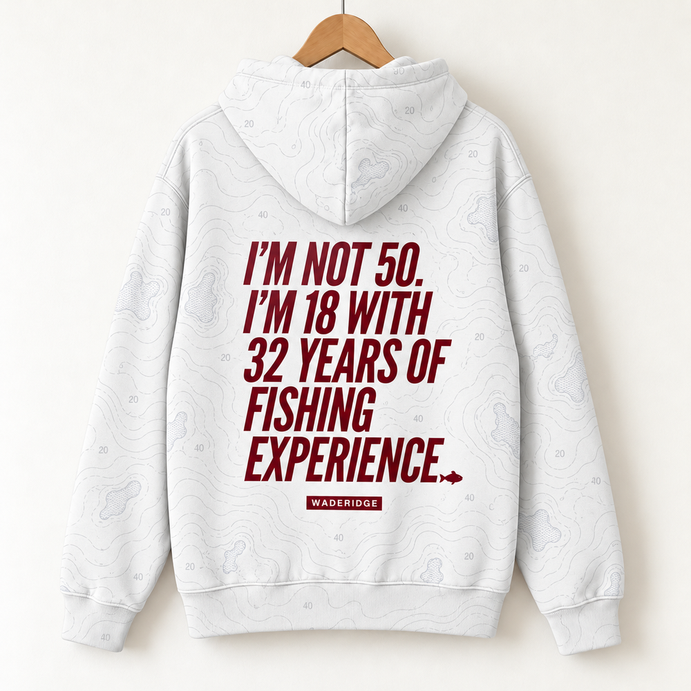 I'm Not 50 I'm 18 With 32 Years Of Fishing Experience All-Over Print Hoodie — on a hanger, back