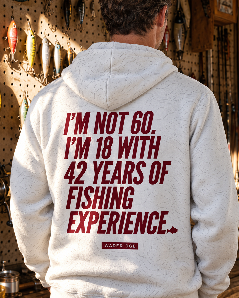 I'm Not 60 I'm 18 With 42 Years Of Fishing Experience All-Over Print Hoodie — model back angle