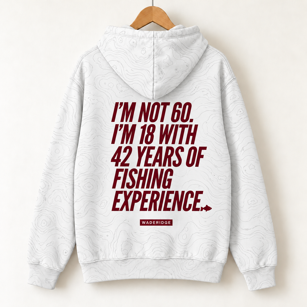 I'm Not 60 I'm 18 With 42 Years Of Fishing Experience All-Over Print Hoodie — on a hanger, back