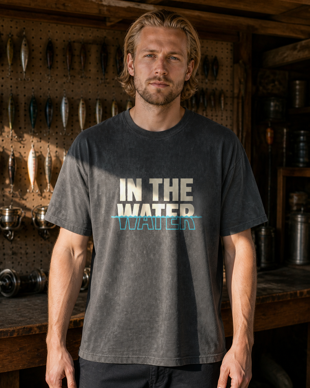 In The Water washed tee — washed black, worn, front