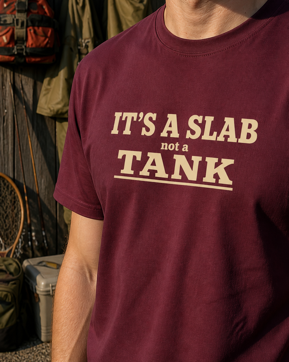 It's A Slab Not A Tank Stacked tee — maroon, worn, side