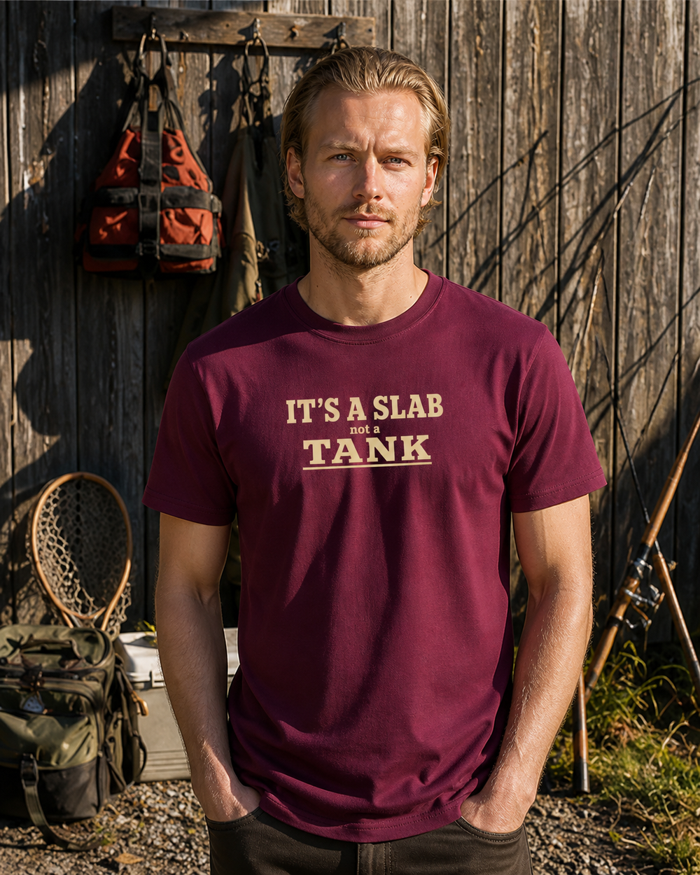 It's A Slab Not A Tank Stacked tee — maroon, worn, front