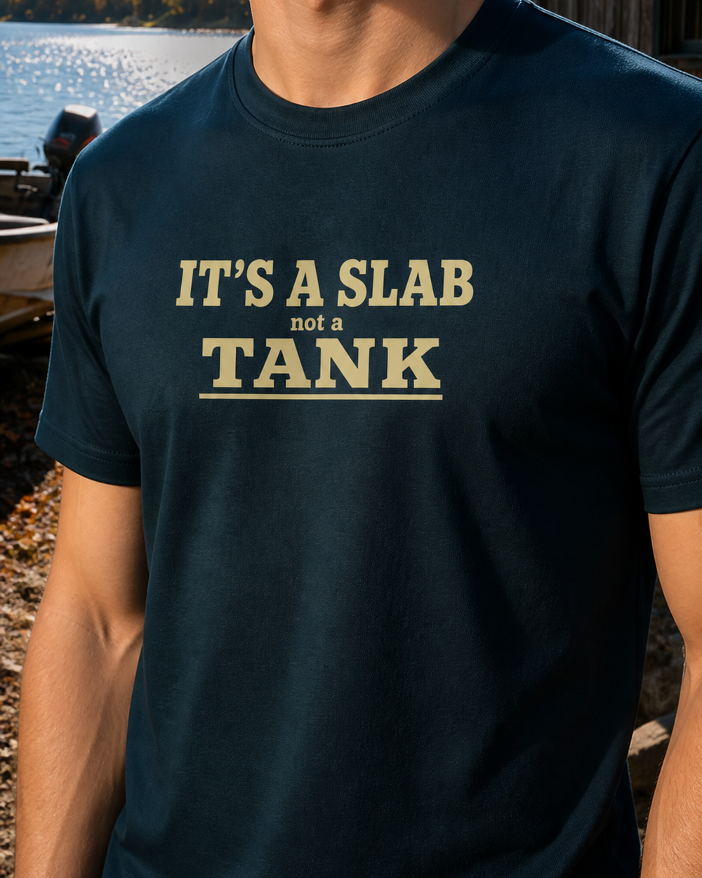 It's A Slab Not A Tank Stacked tee — midnight navy, worn, side