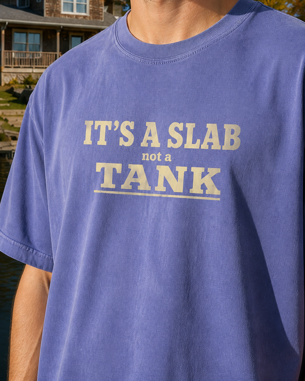 It's A Slab Not A Tank Stacked washed tee — washed blue, worn, side