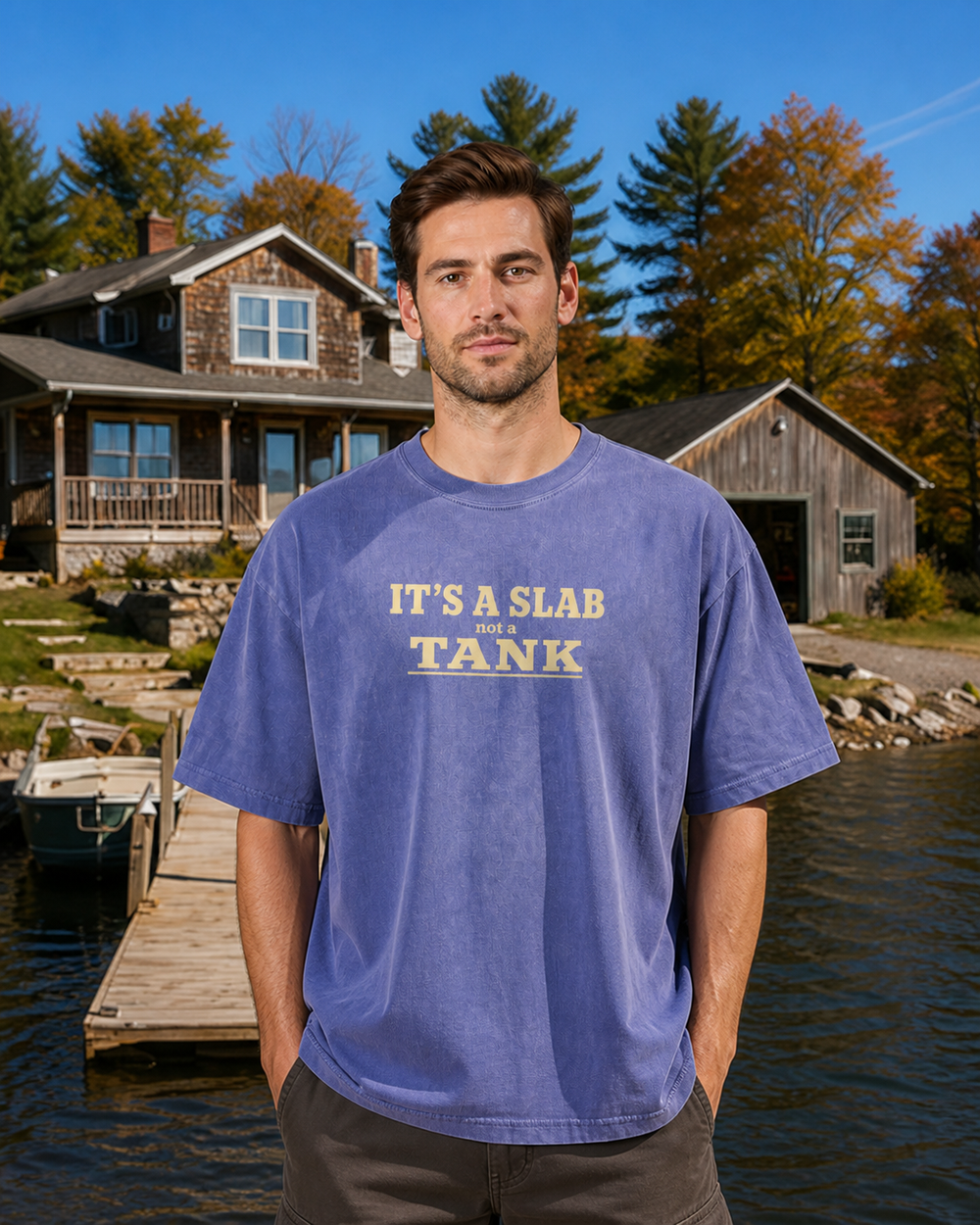 It's A Slab Not A Tank Stacked washed tee — washed blue, worn, front