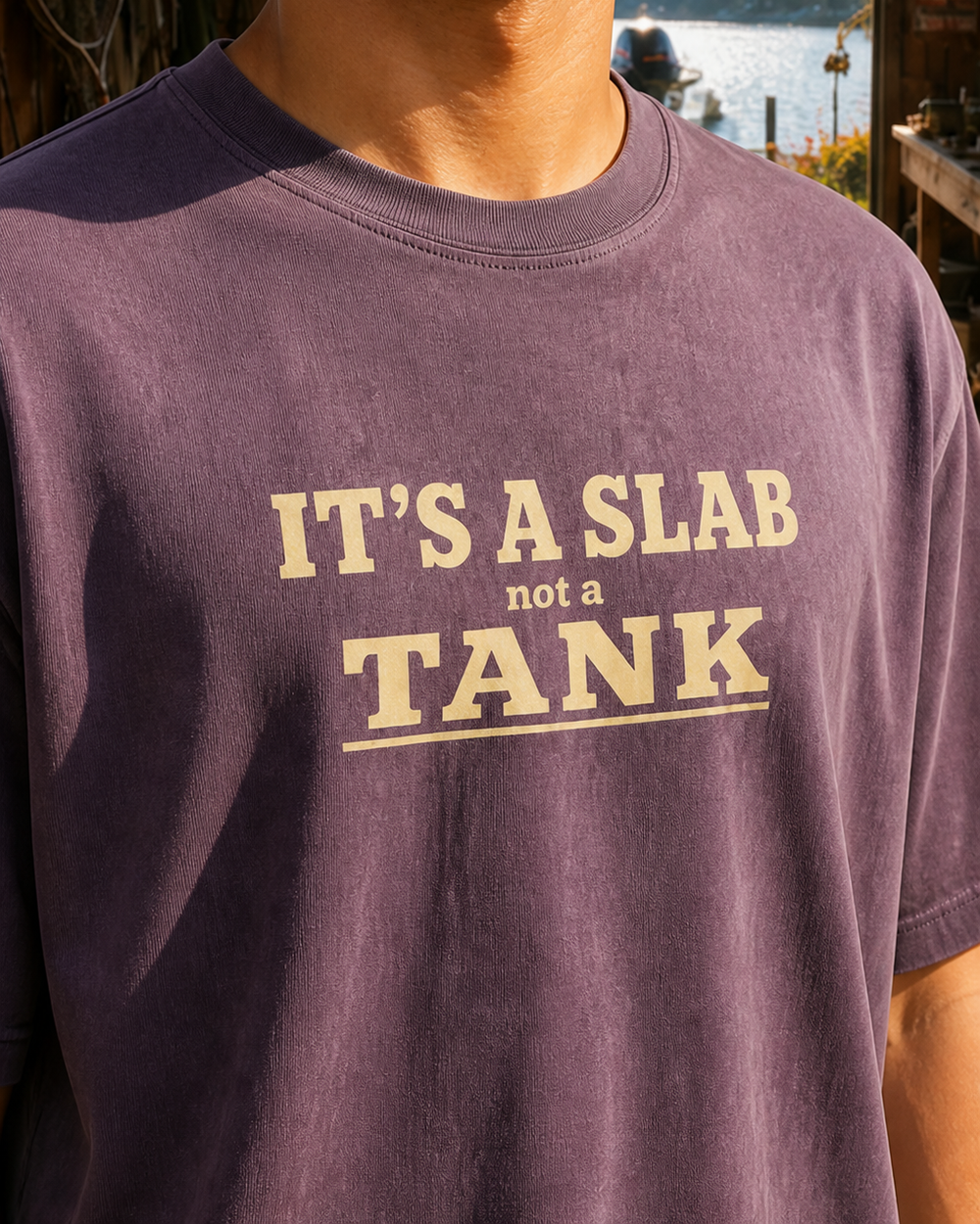 It's A Slab Not A Tank Stacked washed tee — washed violet, worn, side