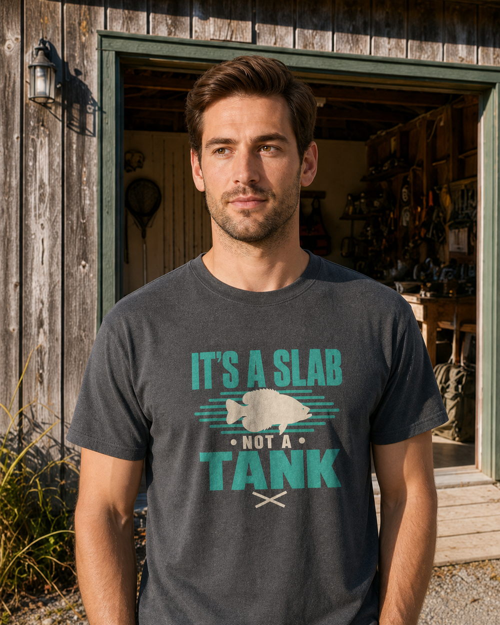 It's A Slab Not A Tank Two Tone tee — dark heather, worn, front