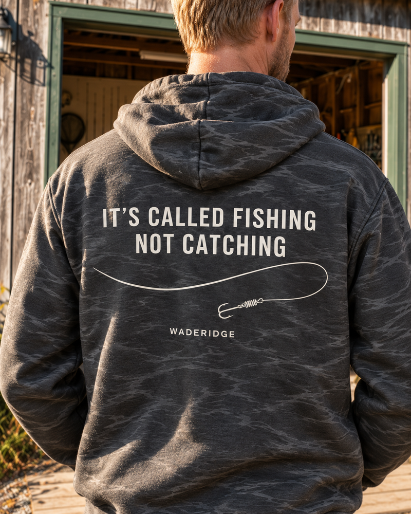 It's Called Fishing, Not Catching All-Over Print Hoodie — model back angle