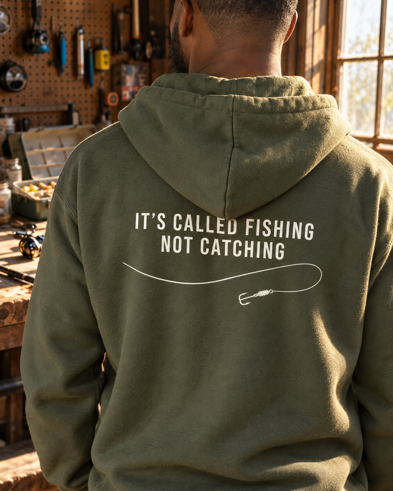 It's Called Fishing, Not Catching Hoodie — Military Green — model back close-up