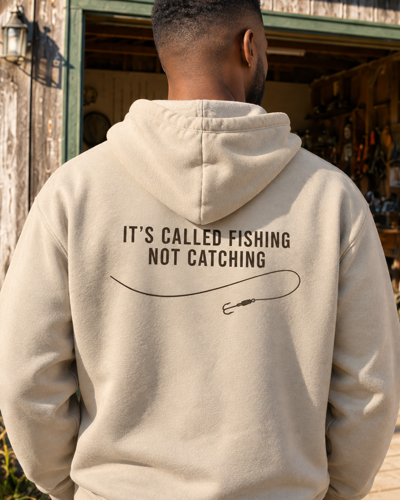 It's Called Fishing, Not Catching Hoodie — Sand — model back close-up
