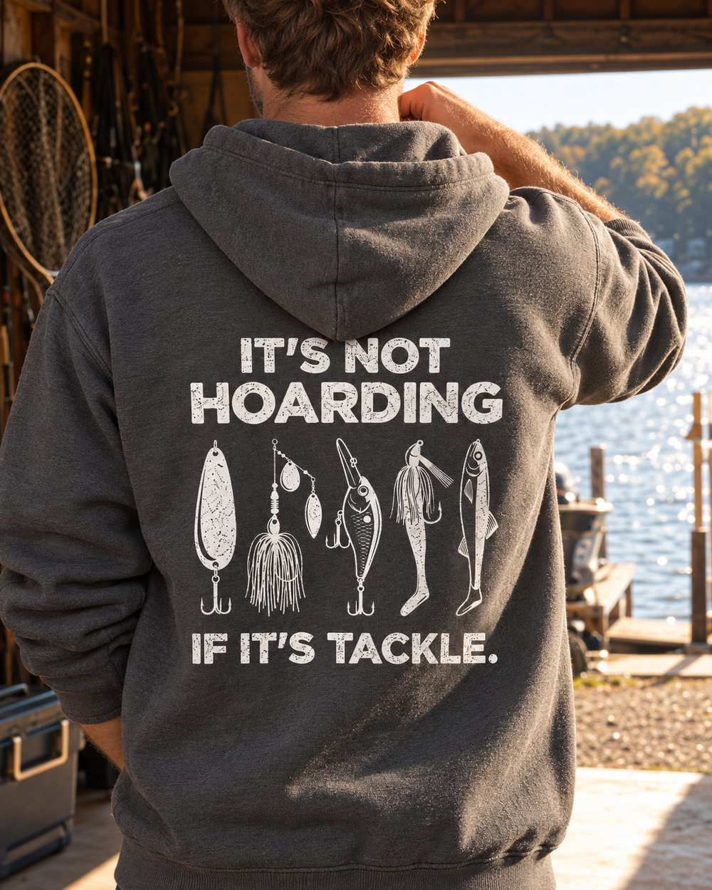 It's Not Hoarding If It's Tackle Hoodie — Charcoal — model back close-up