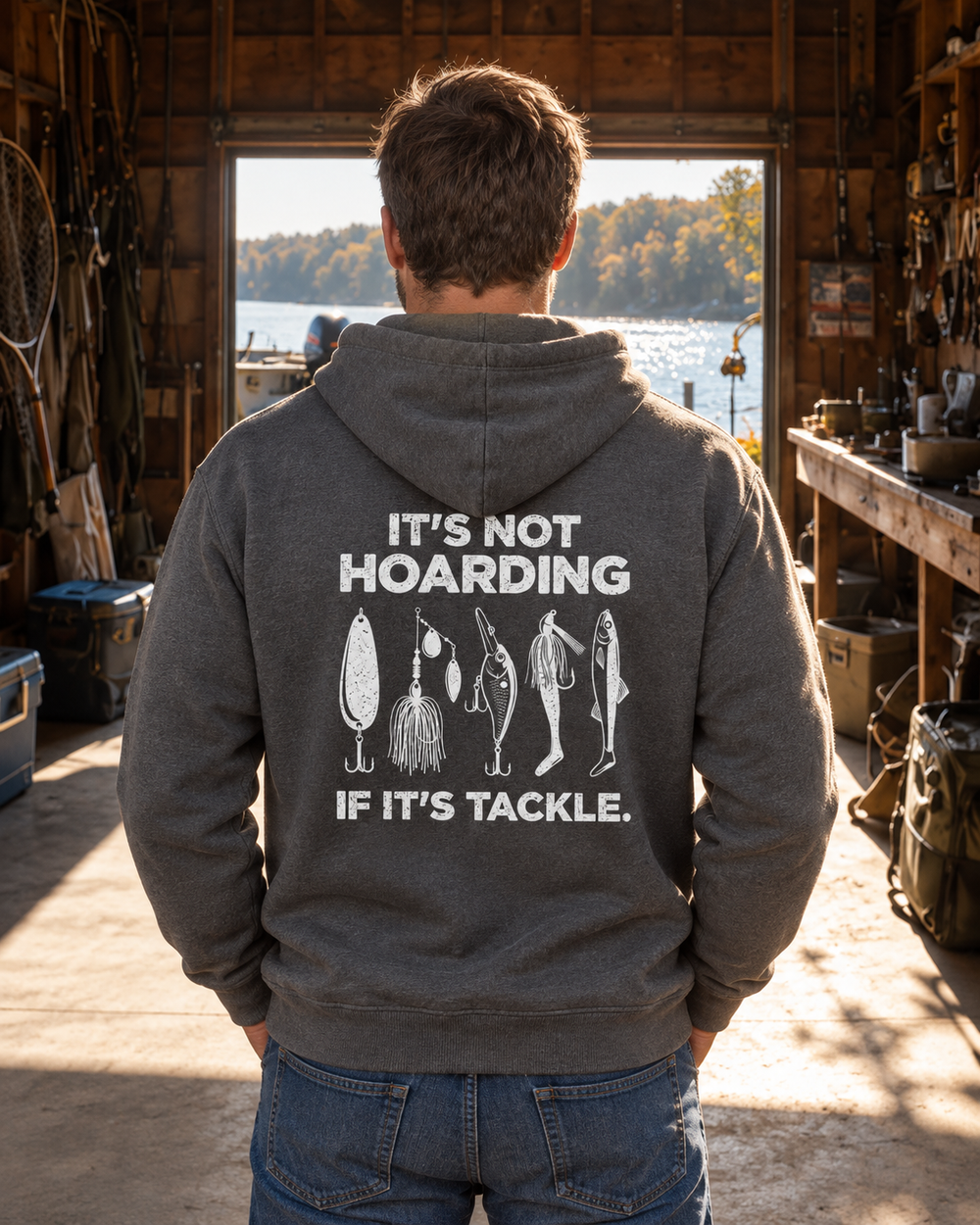 It's Not Hoarding If It's Tackle Hoodie — Charcoal — model back