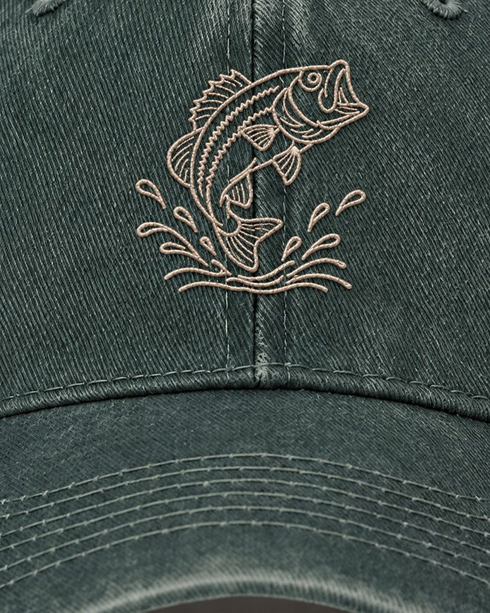 Jumping Bass Embroidered Hat — Moss Green — embroidery close-up