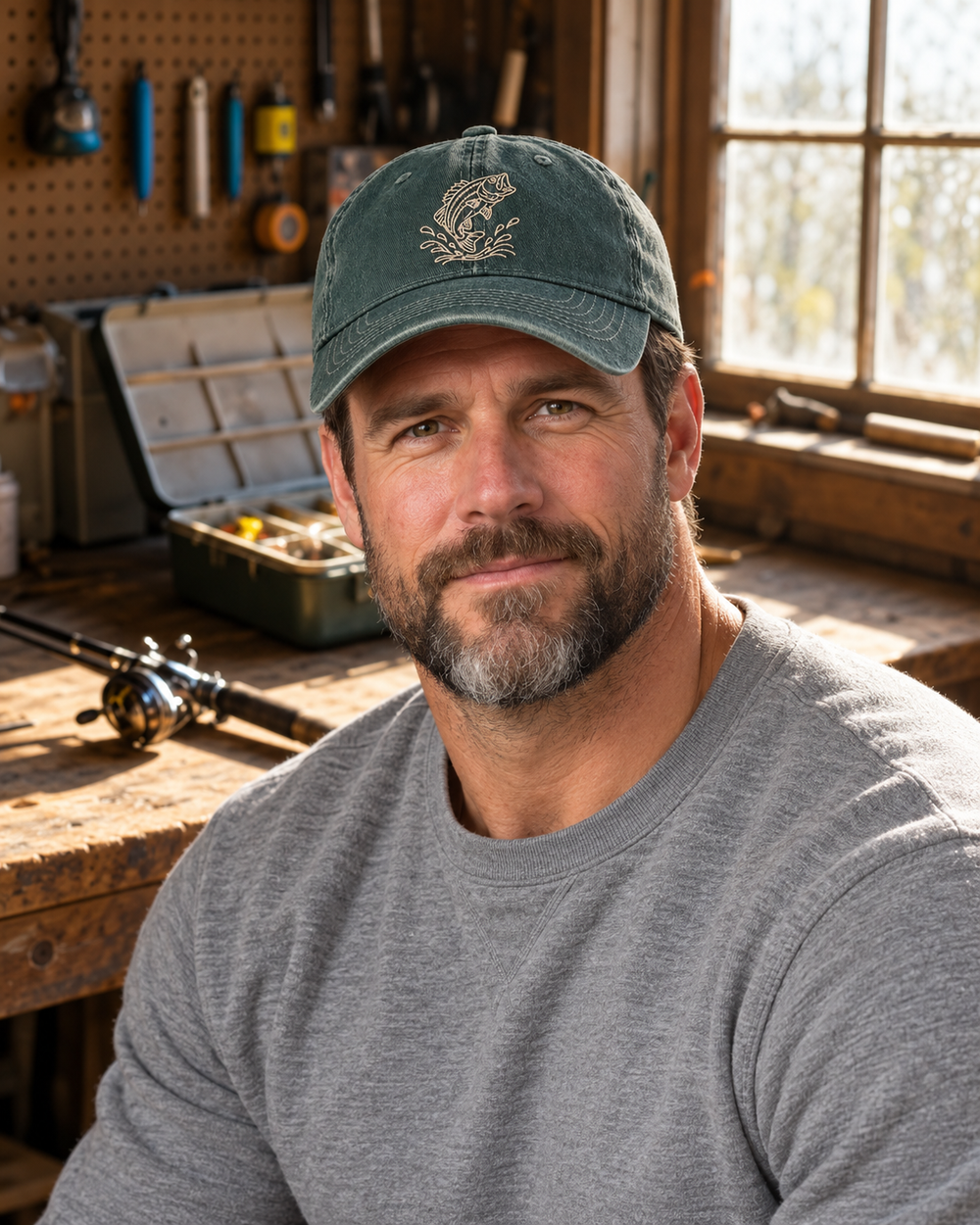 Jumping Bass Embroidered Hat — Moss Green — worn