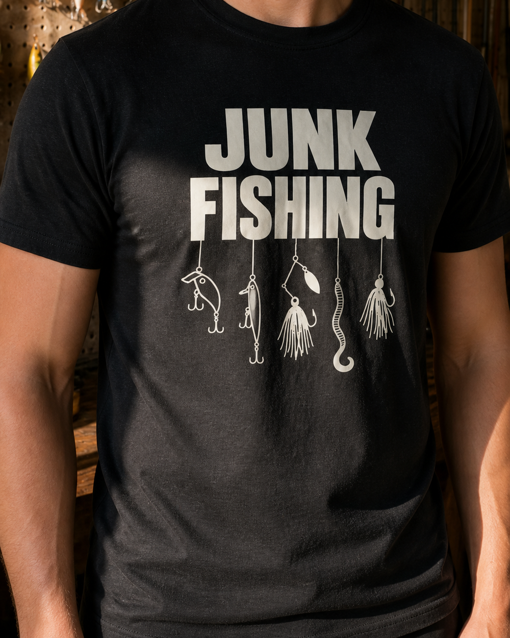 Junk Fishing tee — black, worn, side