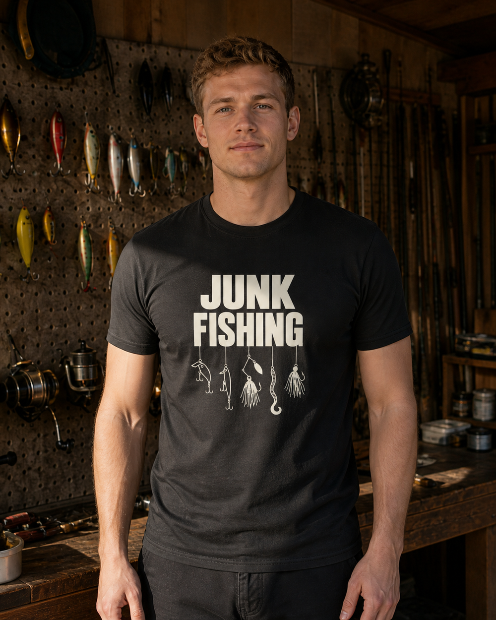 Junk Fishing tee — black, worn, front