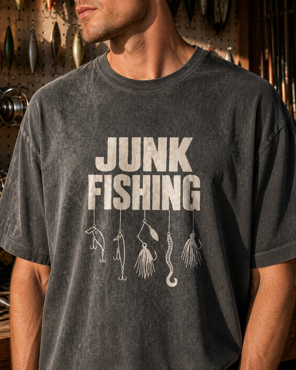 Junk Fishing washed tee — washed black, worn, side