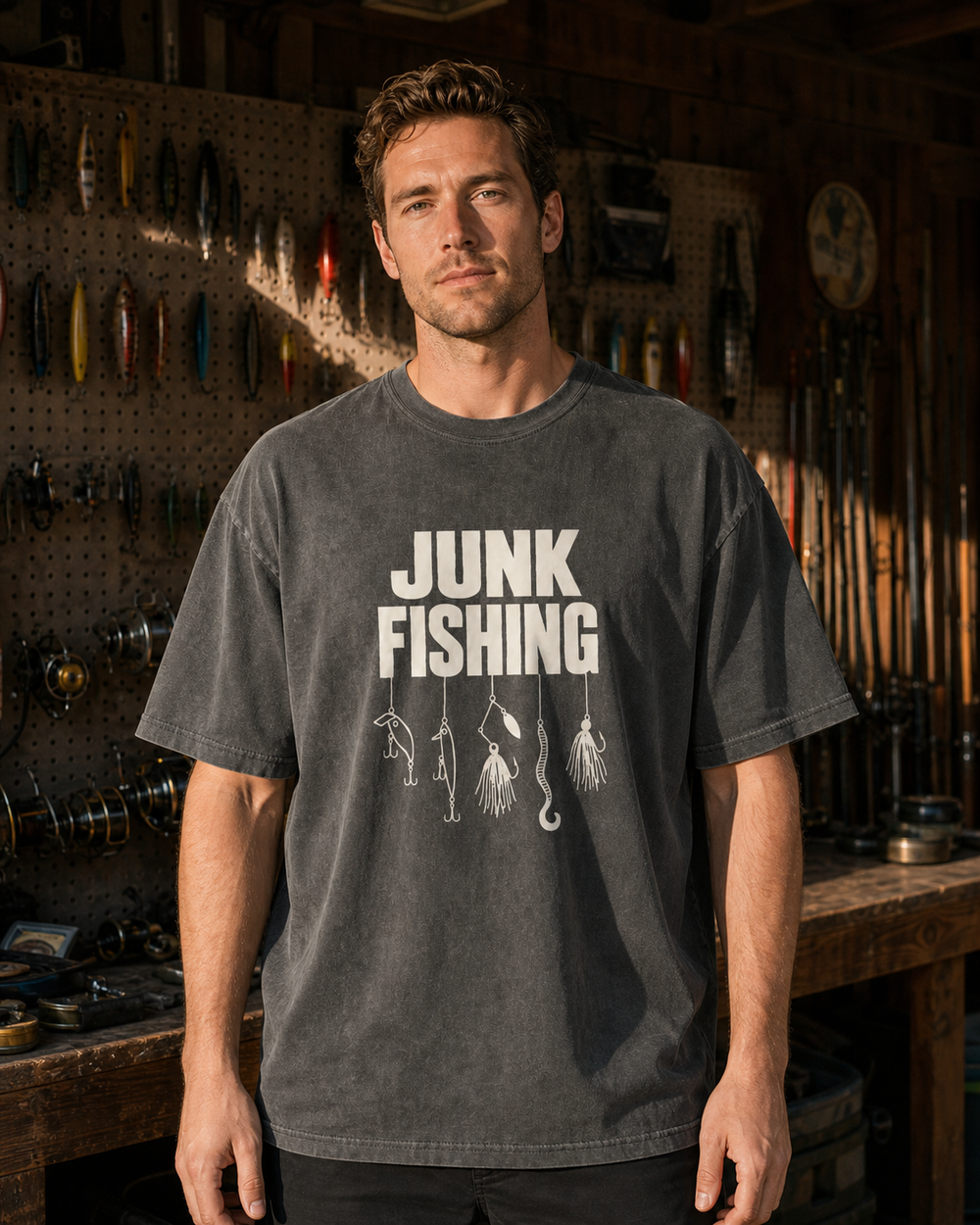 Junk Fishing washed tee — washed black, worn, front