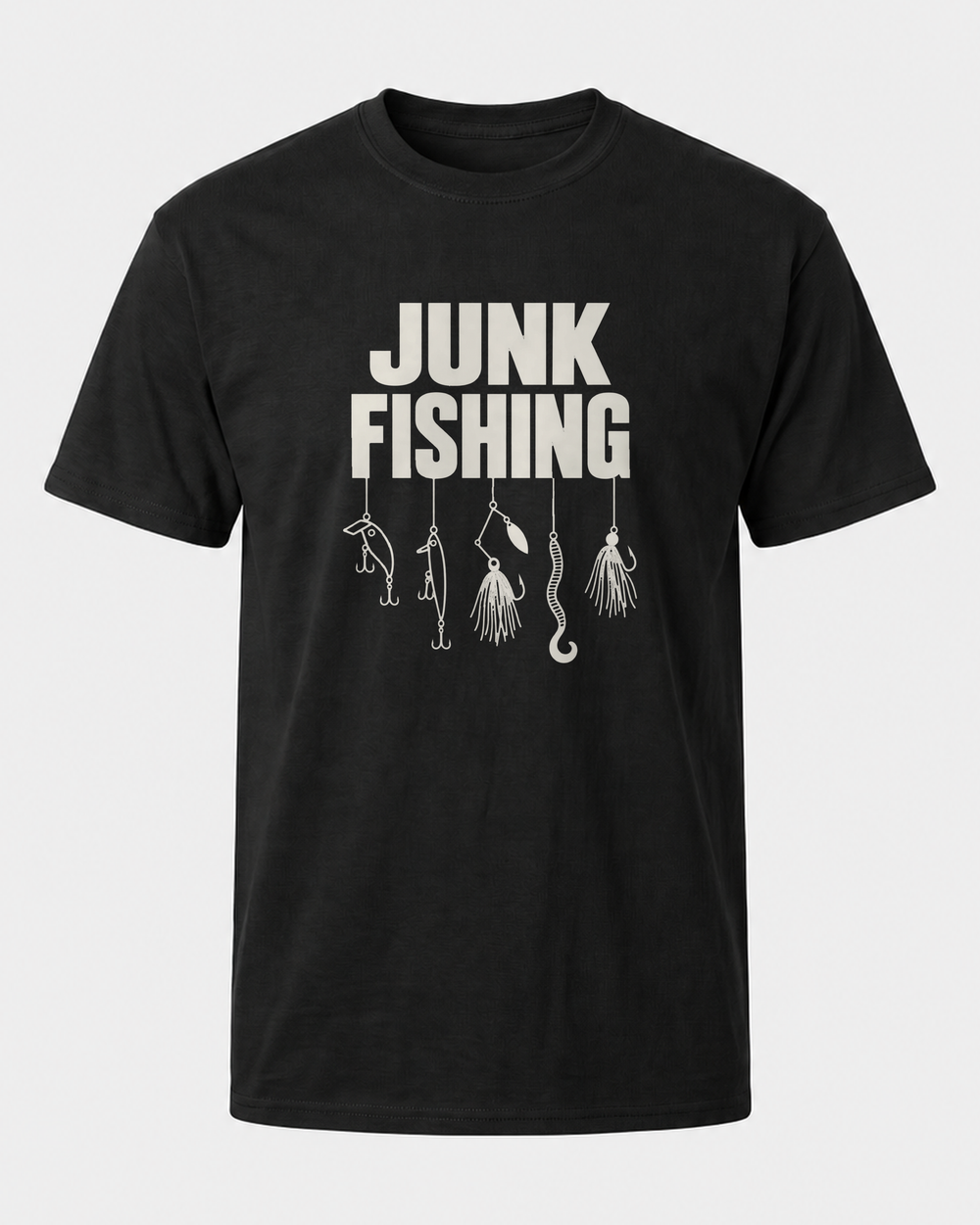Junk Fishing tee — black, front