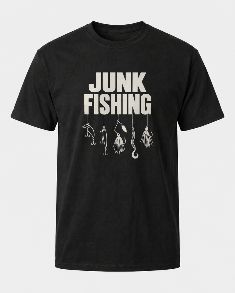 Junk Fishing tee — black, front