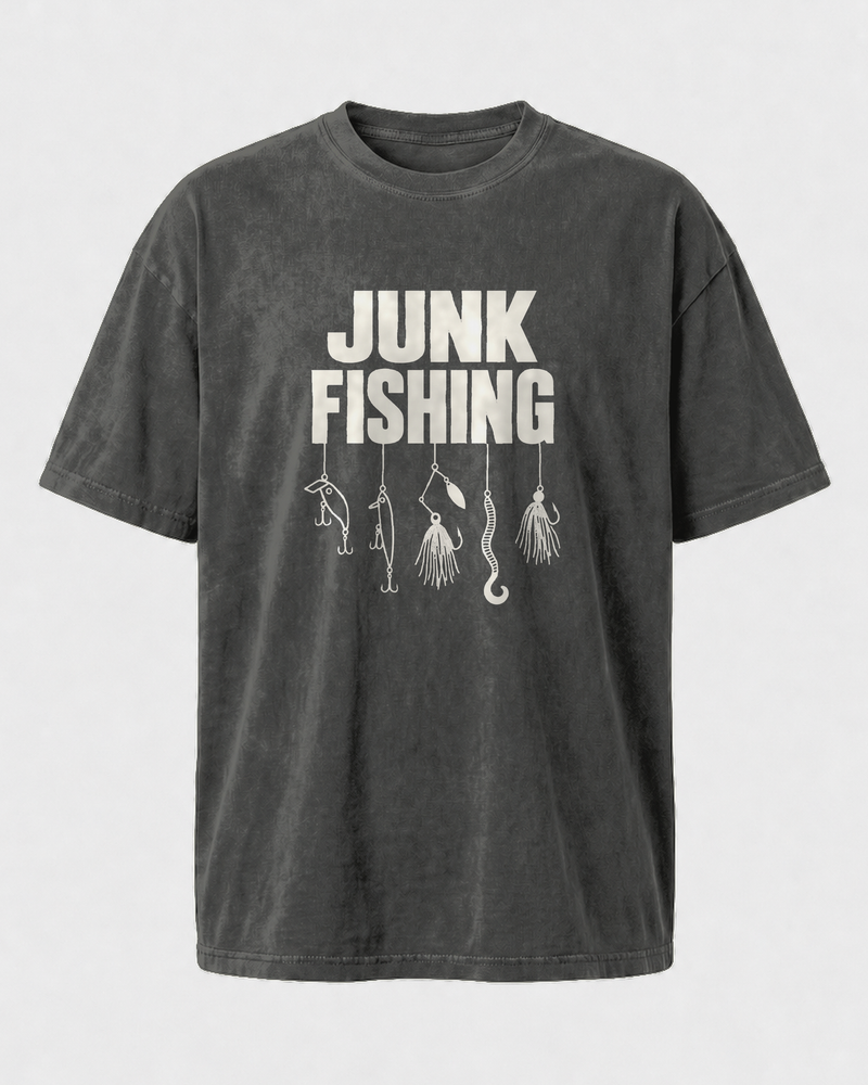 Junk Fishing washed tee — washed black, front