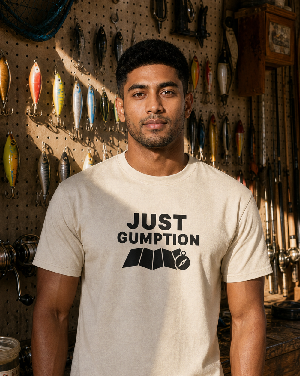 Just Gumption Bold tee — bone, worn, front