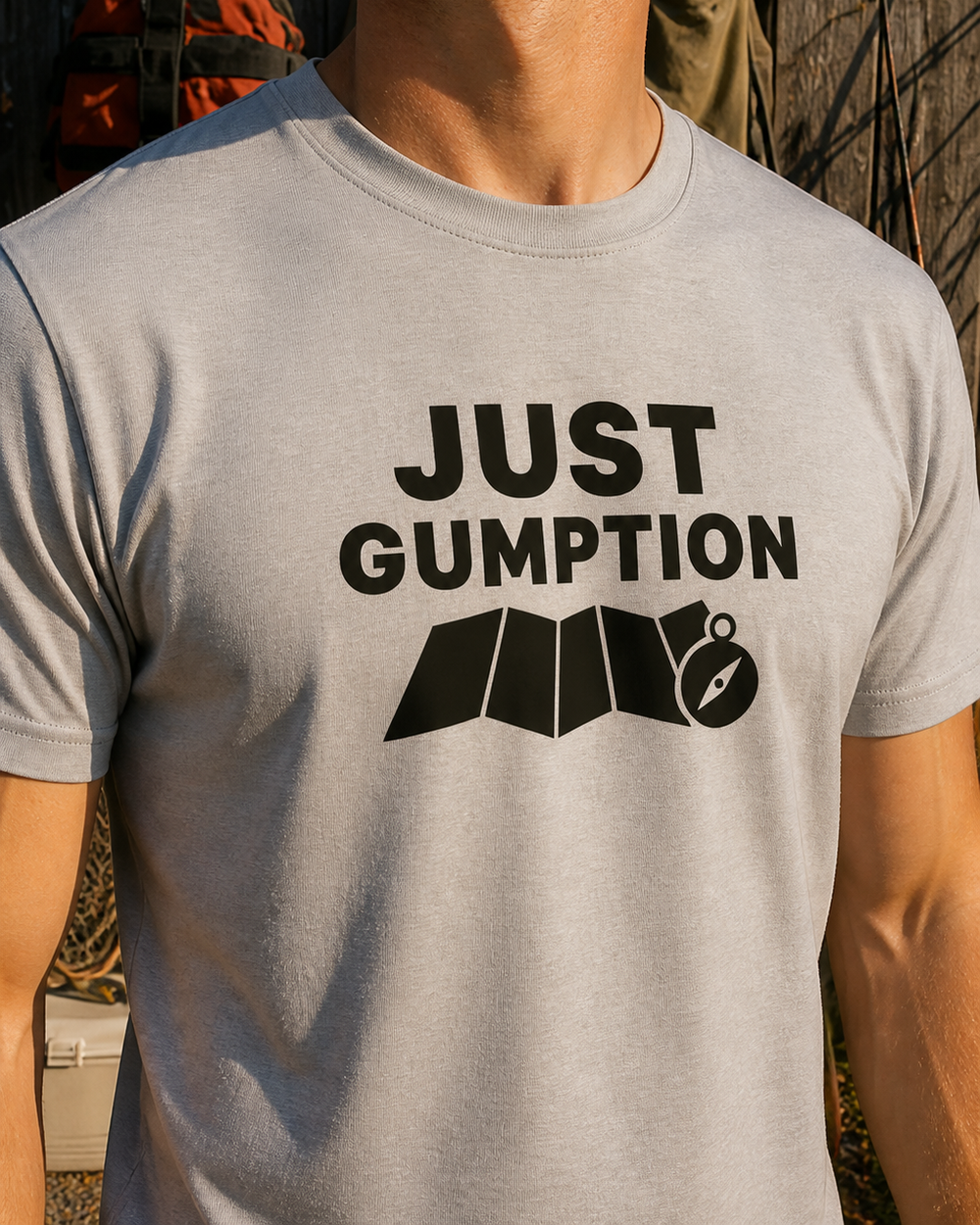 Just Gumption Bold tee — sports grey, worn, side