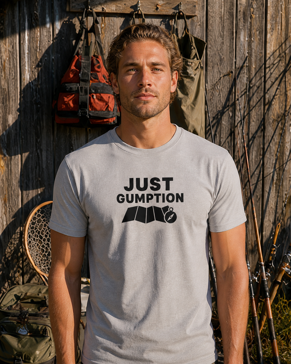 Just Gumption Bold tee — sports grey, worn, front