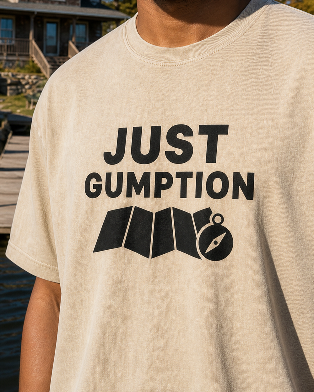 Just Gumption Bold washed tee — washed bone, worn, side