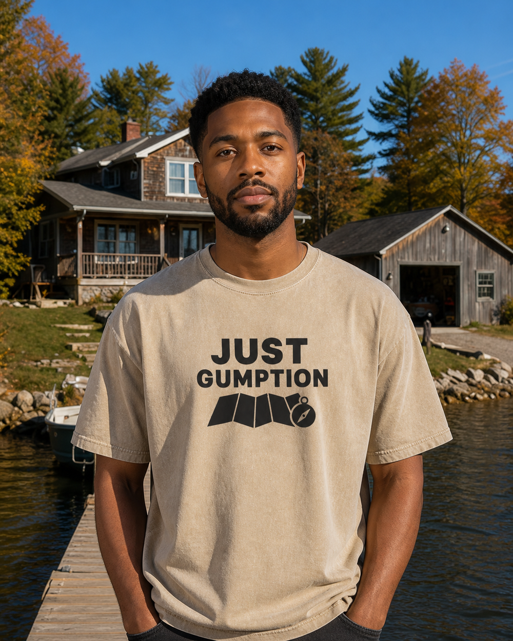 Just Gumption Bold washed tee — washed bone, worn, front