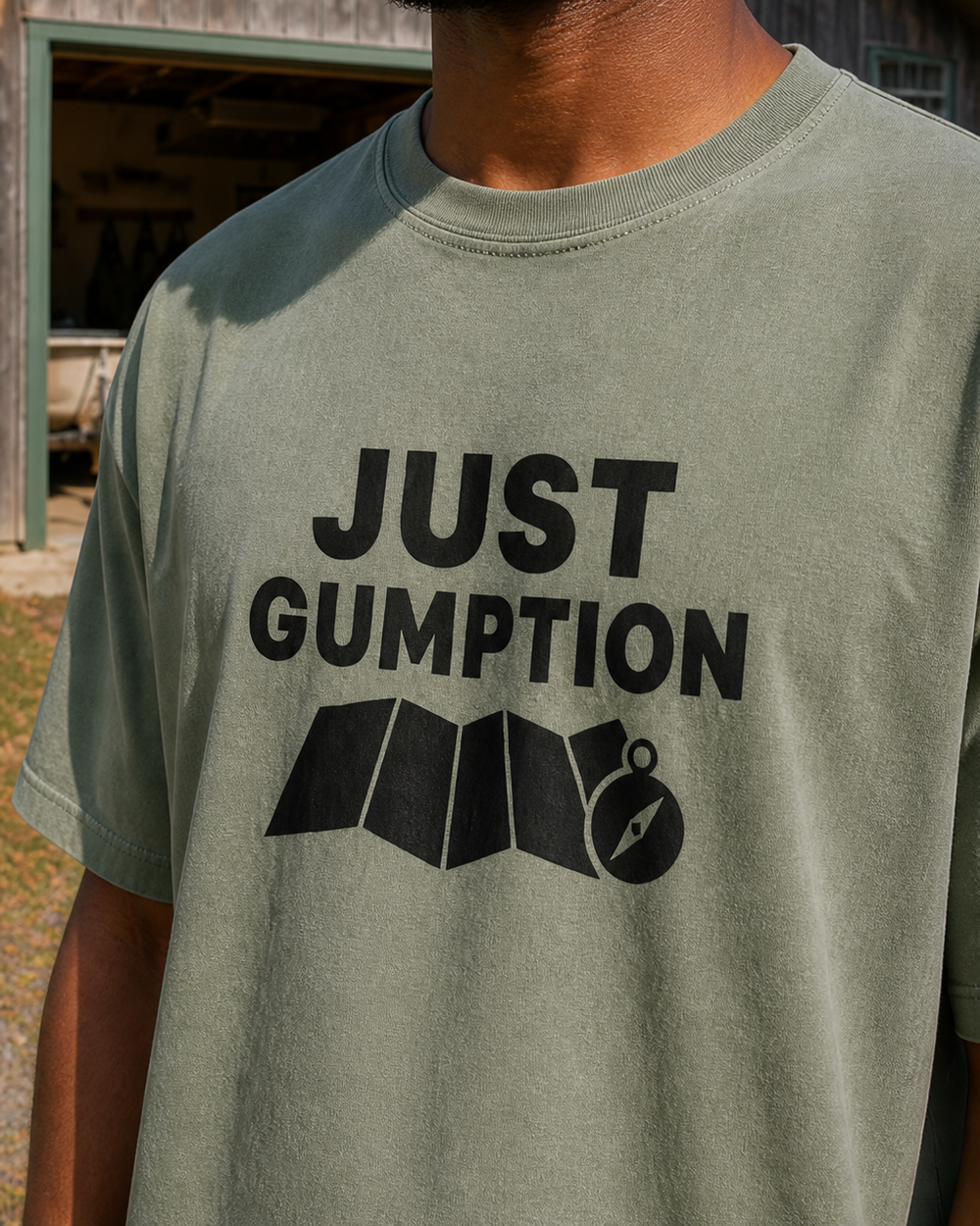 Just Gumption Bold washed tee — washed sage, worn, side