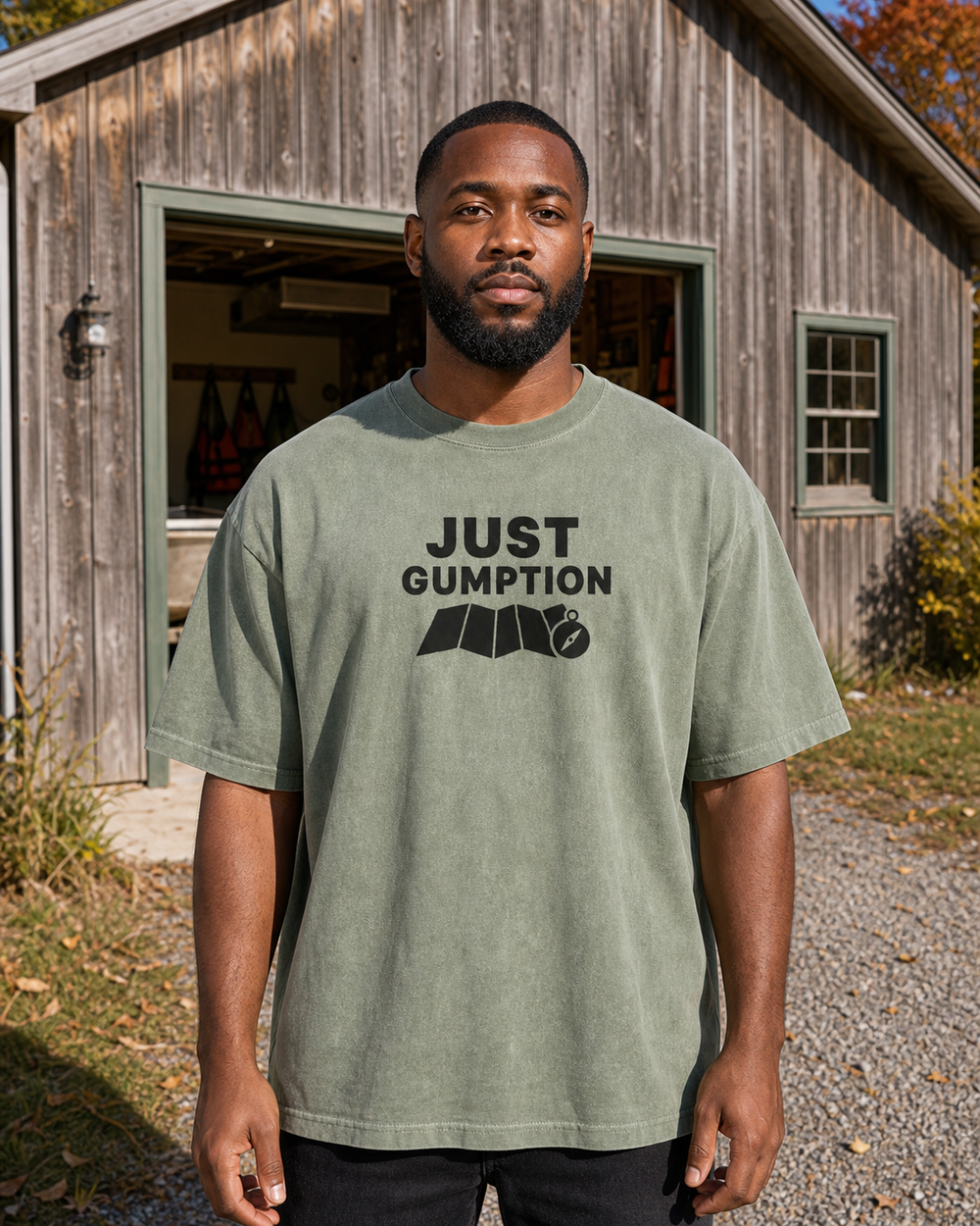 Just Gumption Bold washed tee — washed sage, worn, front