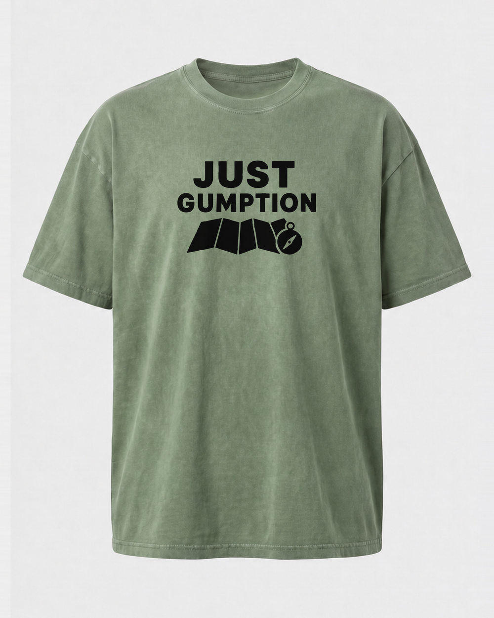Just Gumption Bold washed tee — washed sage, front