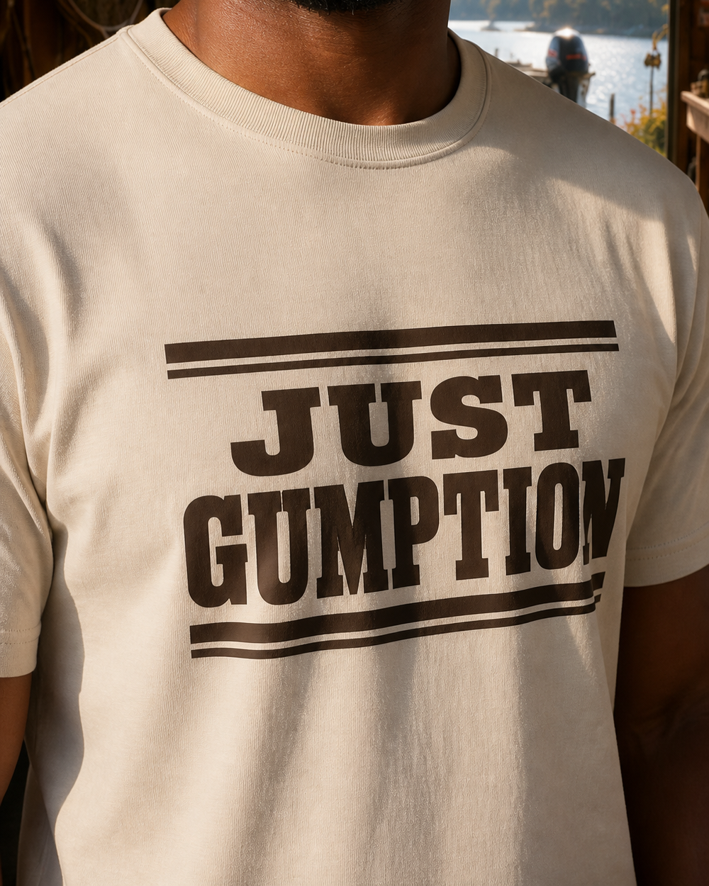 Just Gumption tee — sand, worn, side