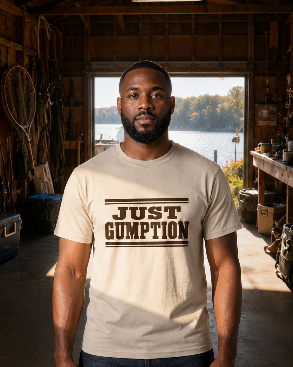 Just Gumption tee — sand, worn, front