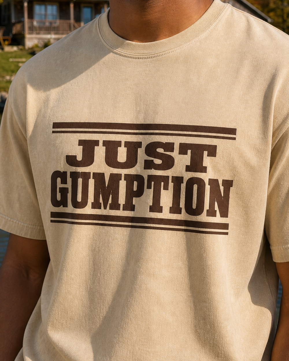Just Gumption washed tee — washed bone, worn, side