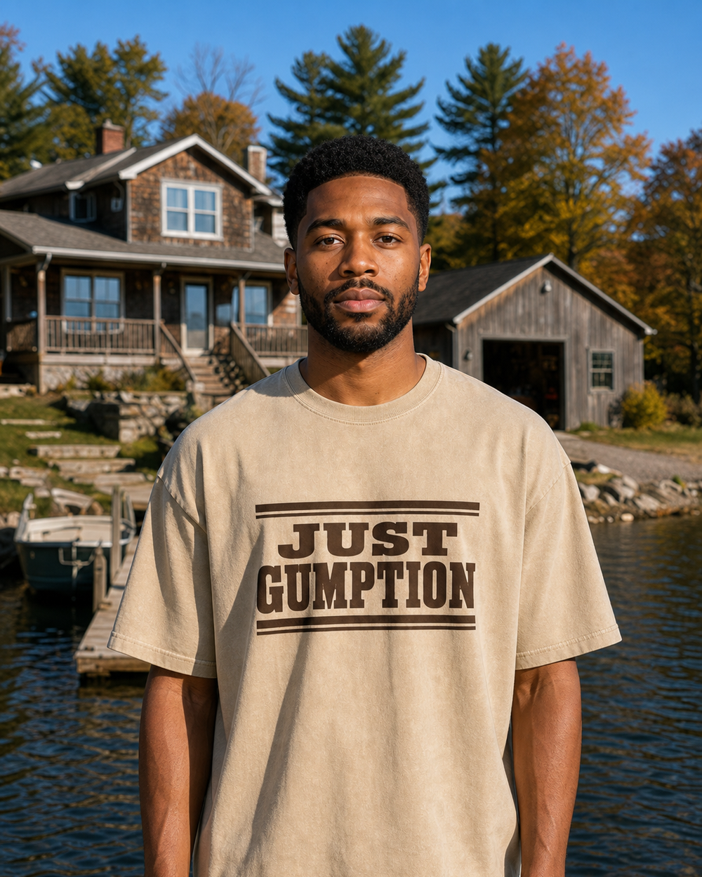 Just Gumption washed tee — washed bone, worn, front
