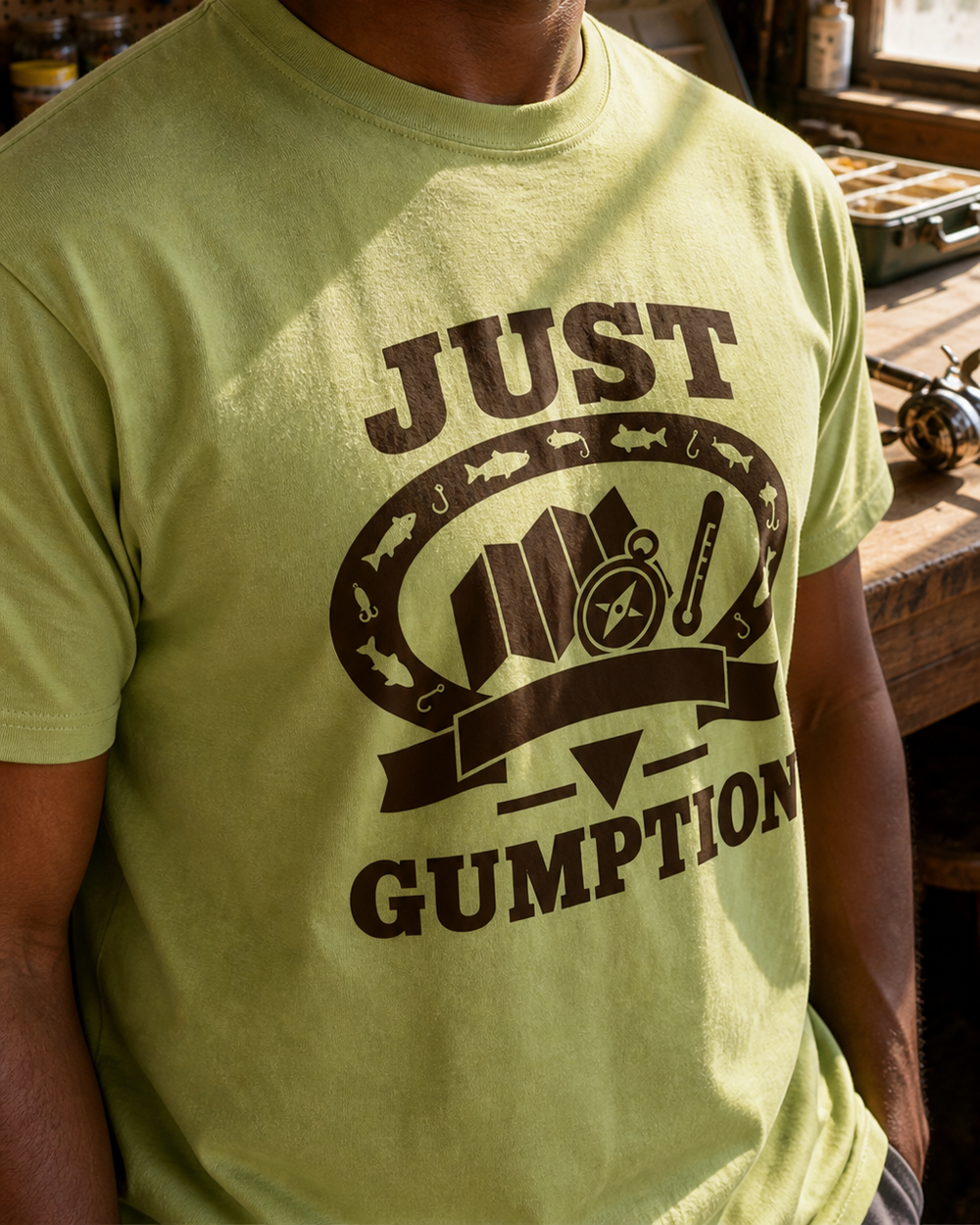 Just Gumption Heritage tee — kiwi, worn, side