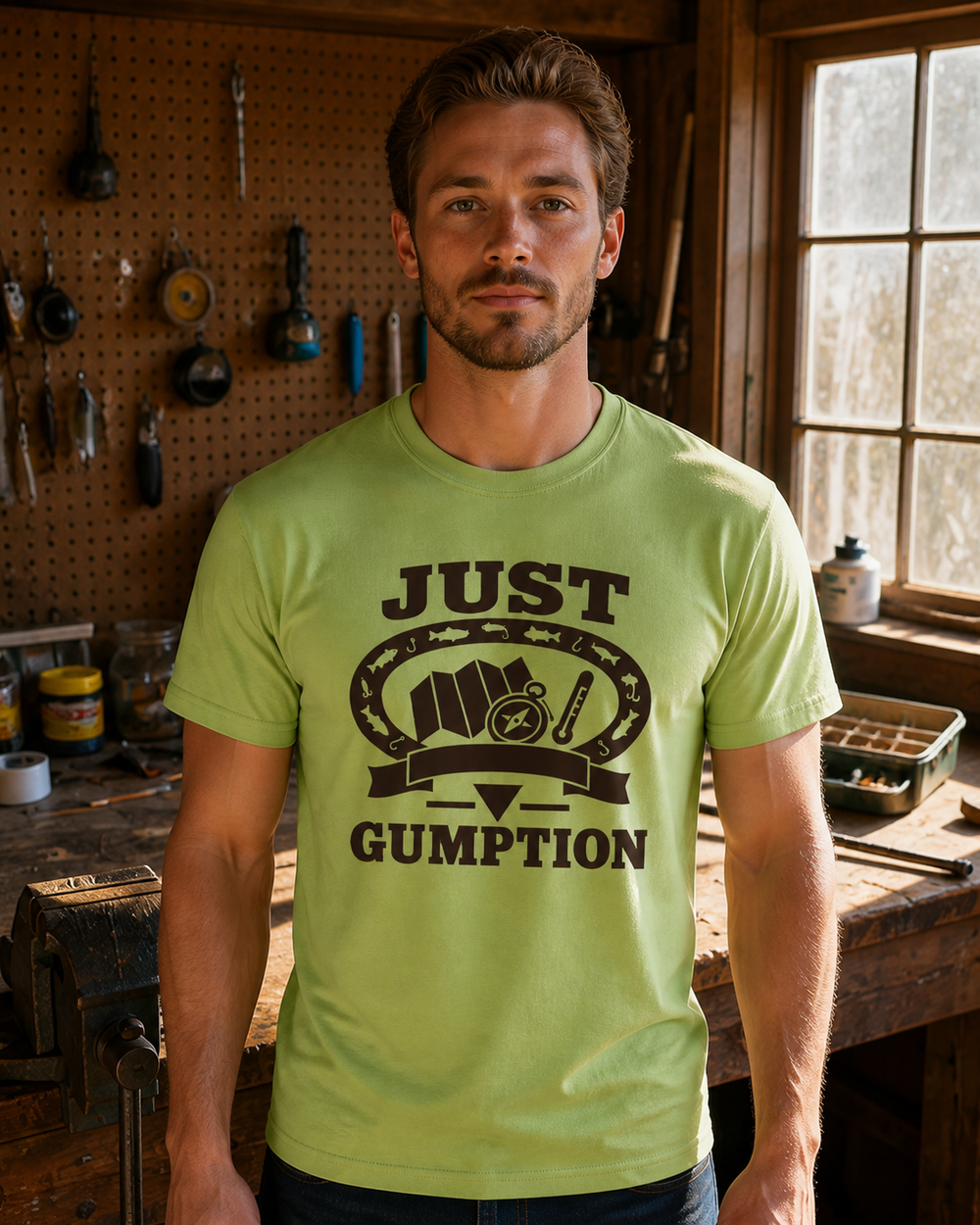 Just Gumption Heritage tee — kiwi, worn, front