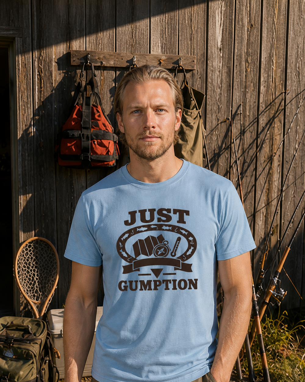 Just Gumption Heritage tee — light blue, worn, front