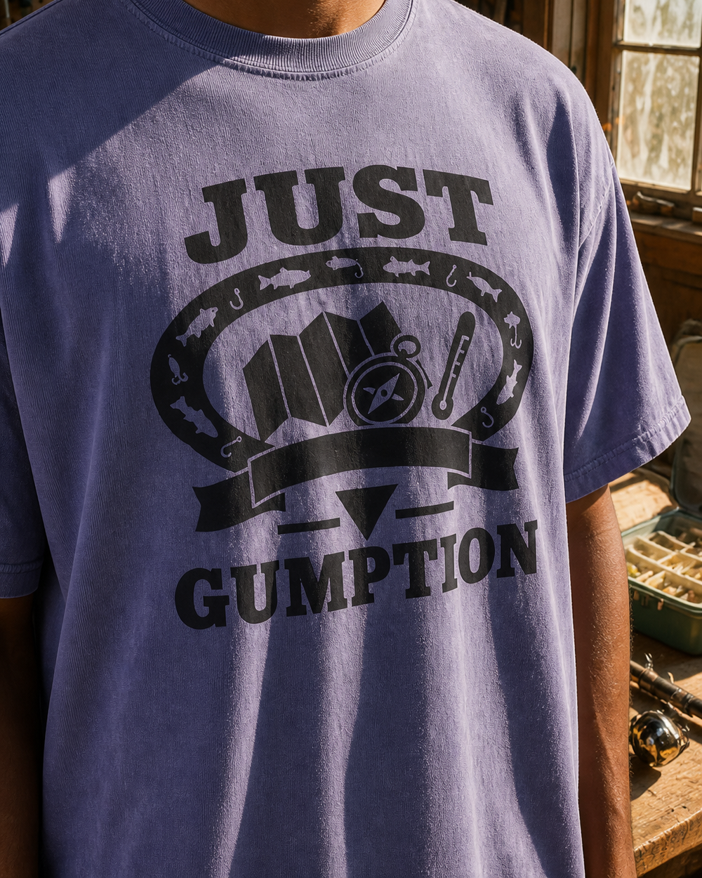 Just Gumption Heritage washed tee — washed blue, worn, side