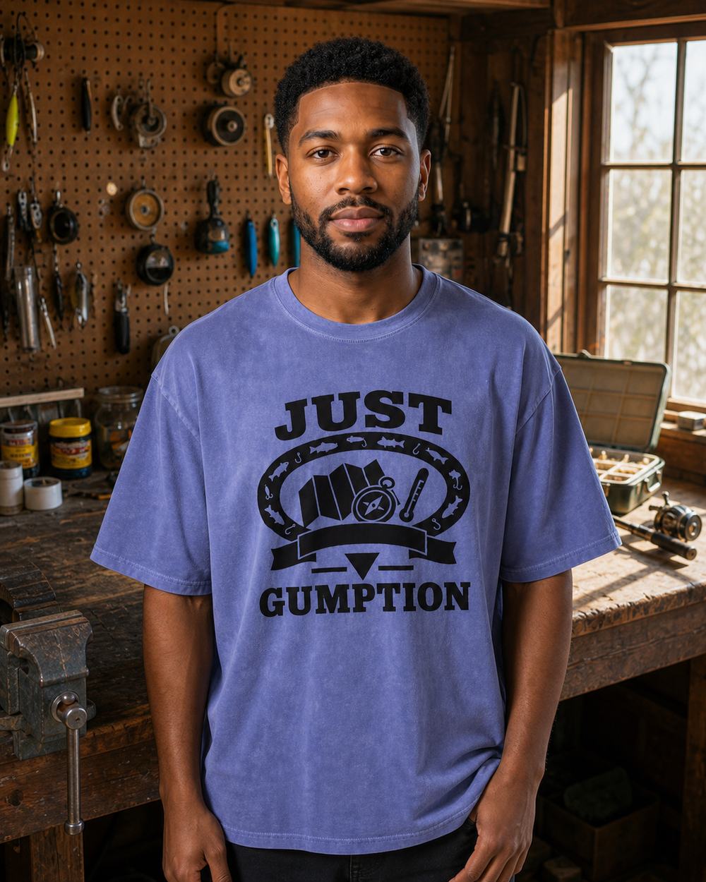 Just Gumption Heritage washed tee — washed blue, worn, front