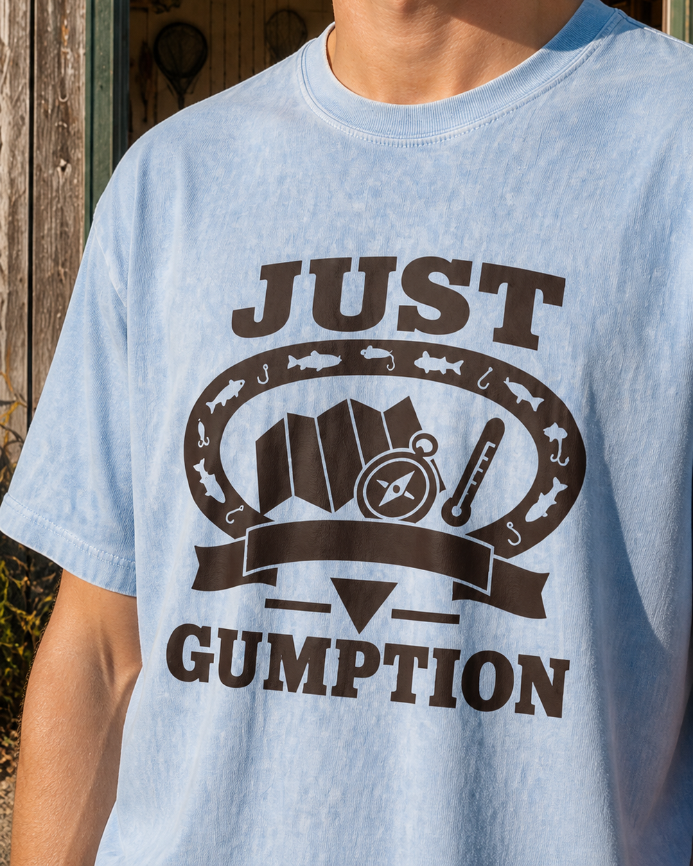Just Gumption Heritage washed tee — washed light blue, worn, side