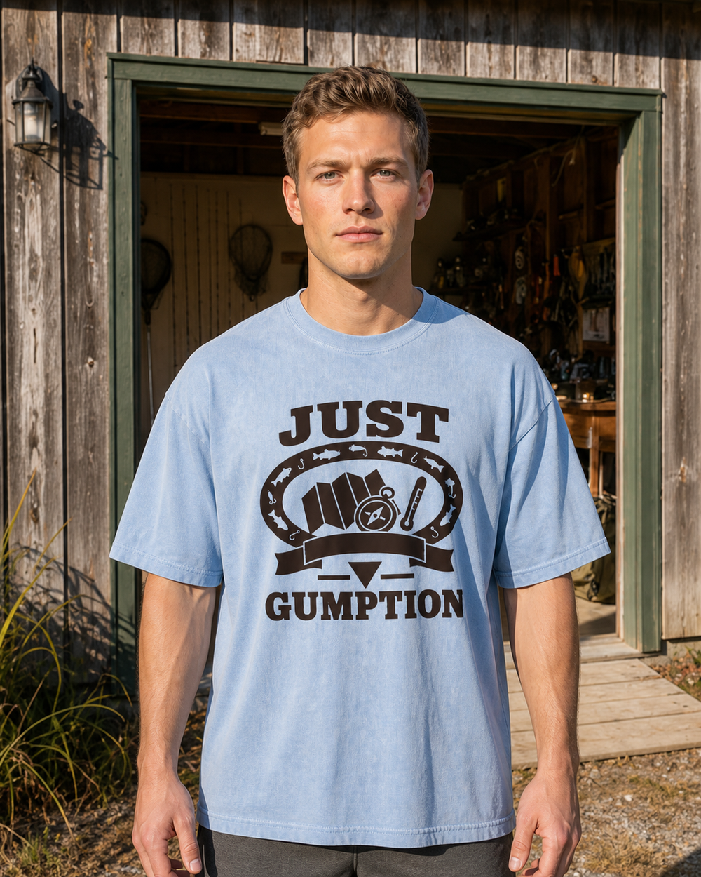 Just Gumption Heritage washed tee — washed light blue, worn, front