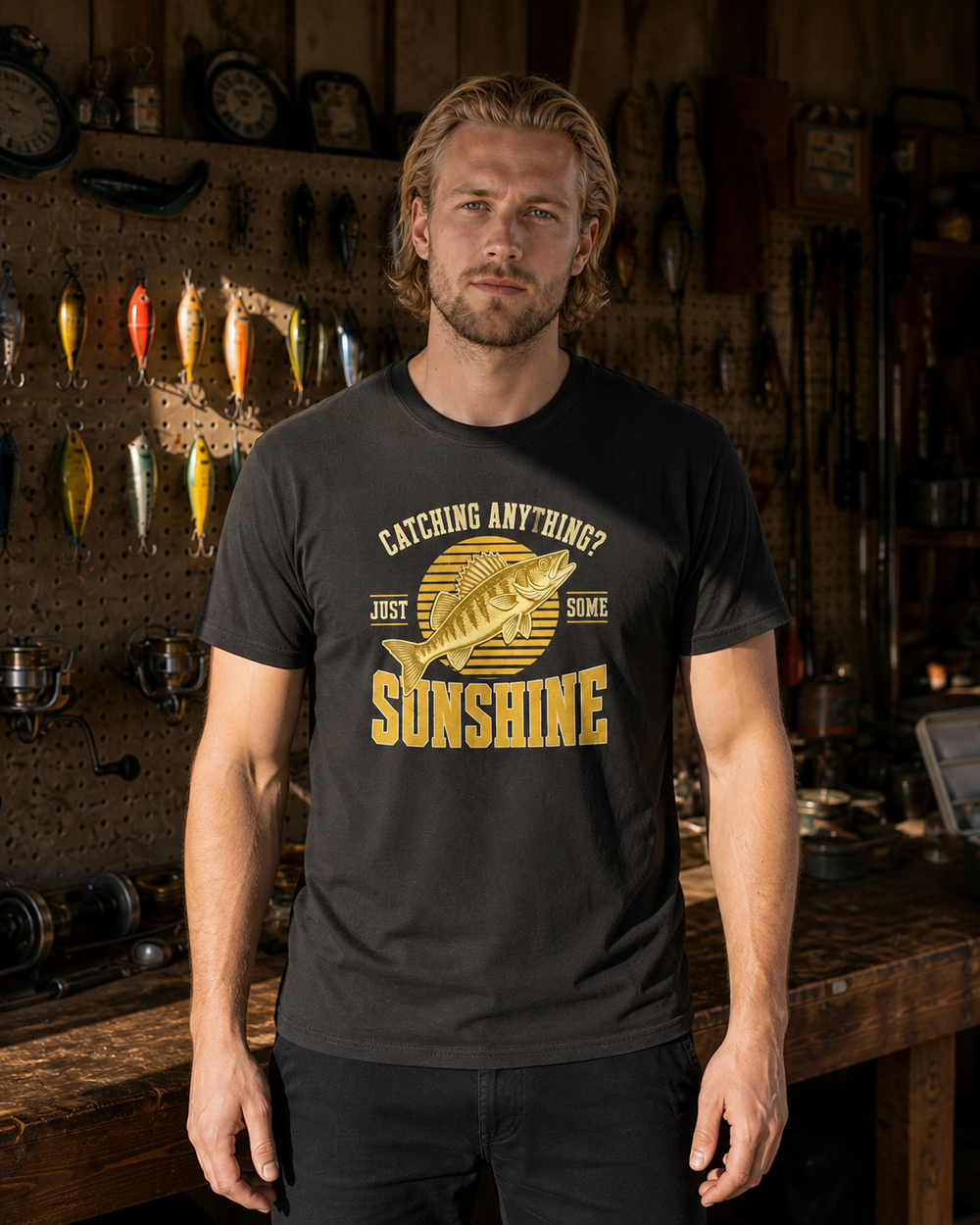 Just Some Sunshine tee — black, worn, front