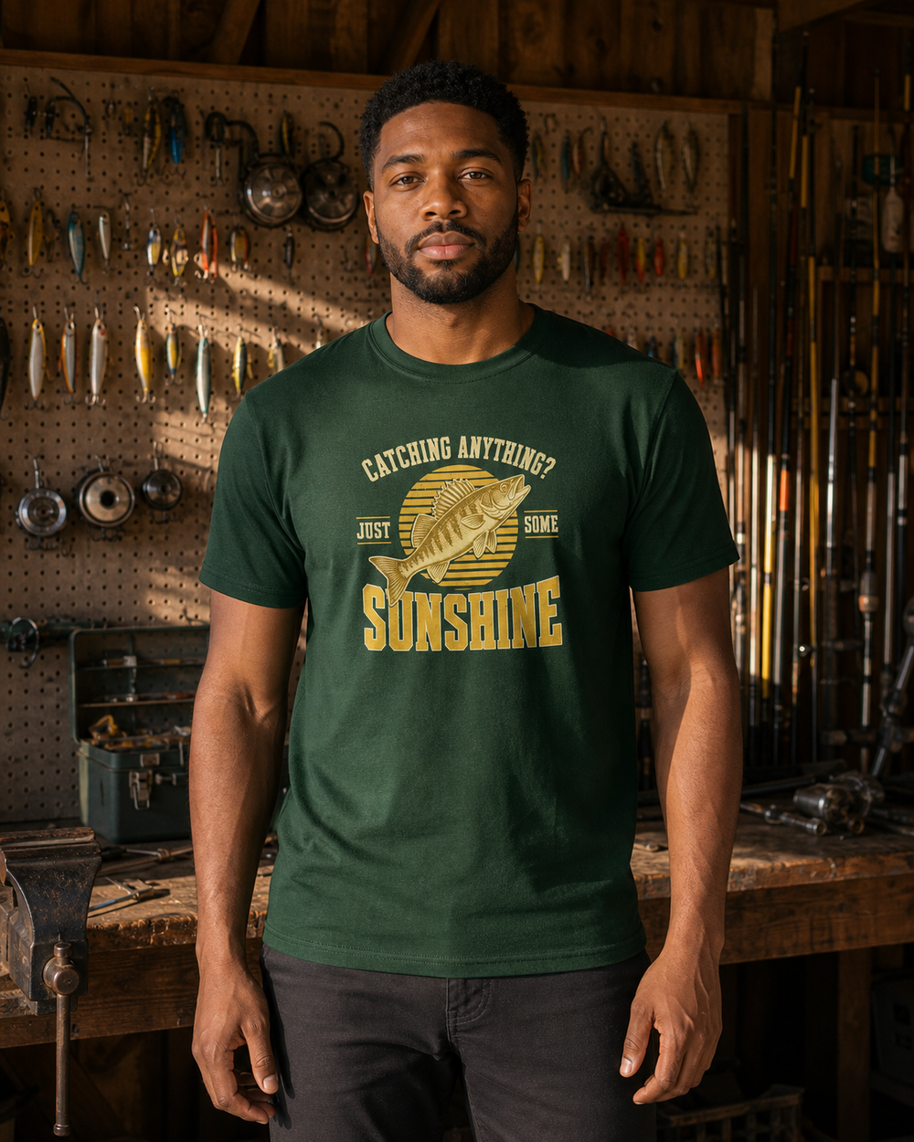 Just Some Sunshine tee — forest, worn, front