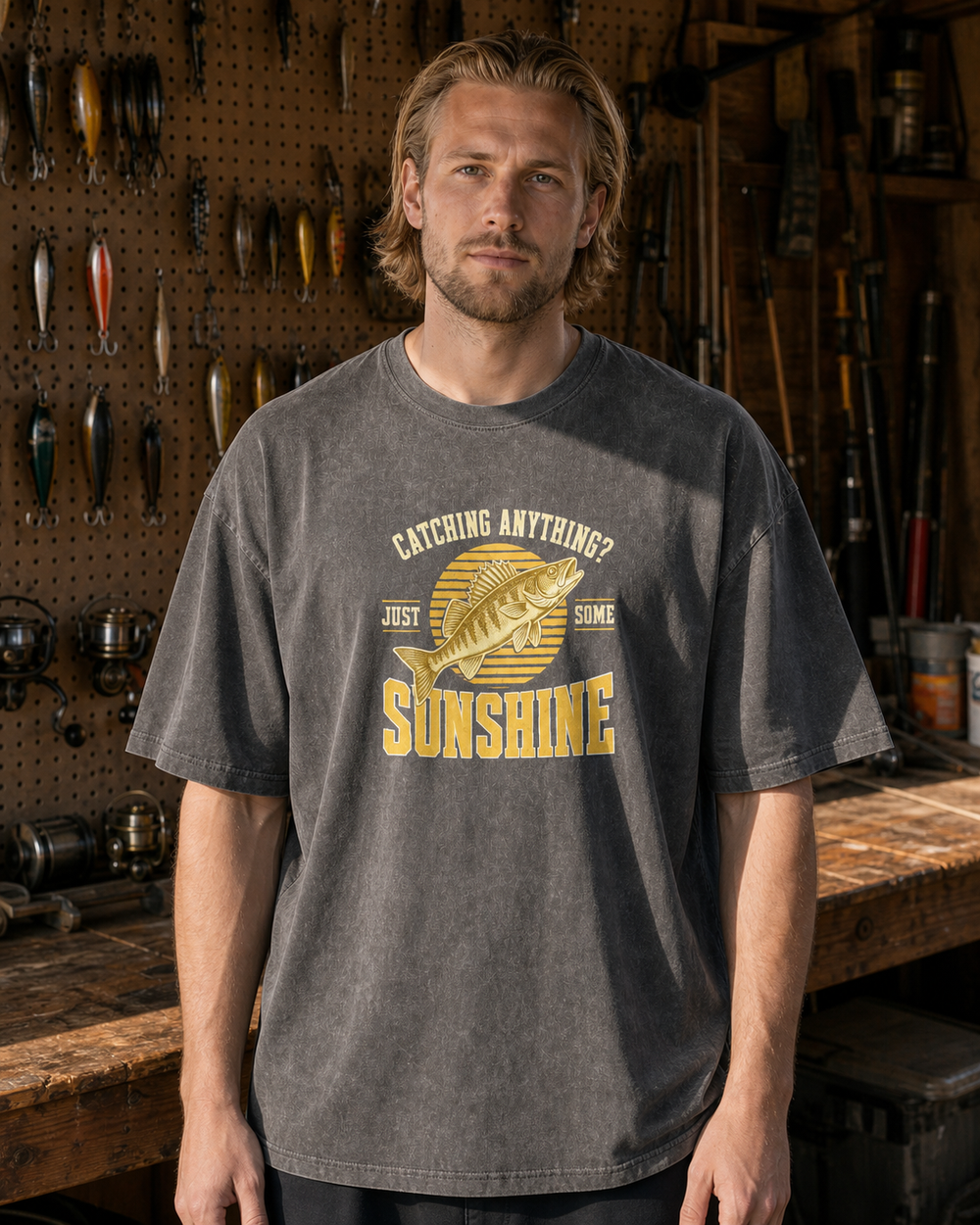 Just Some Sunshine washed tee — washed black, worn, front