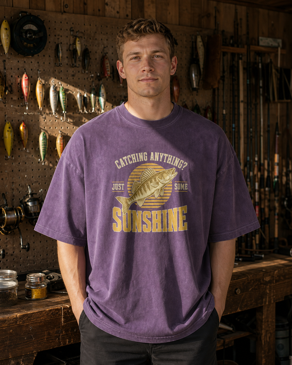 Just Some Sunshine washed tee — washed violet, worn, front