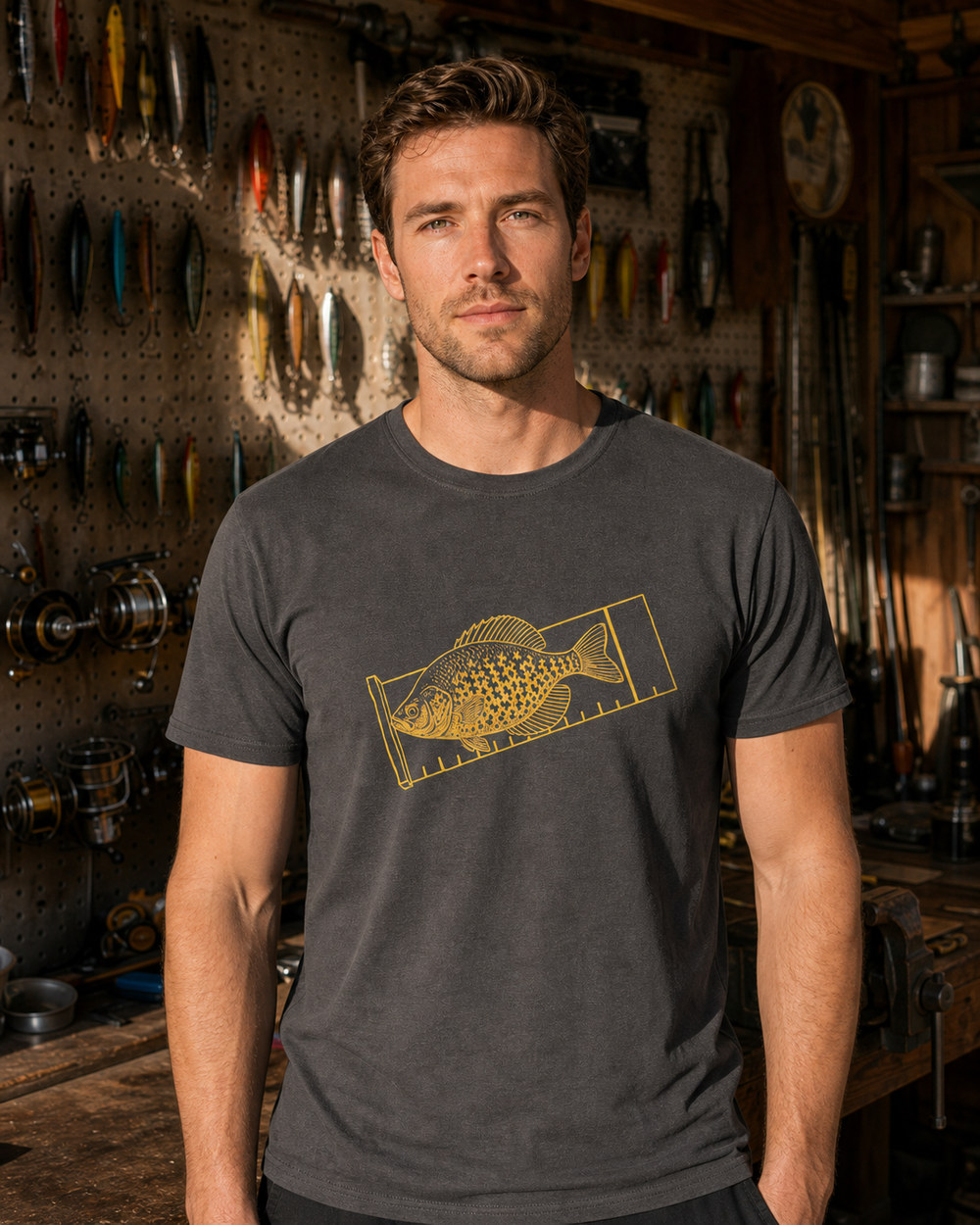Keeper tee — dark heather, worn, front